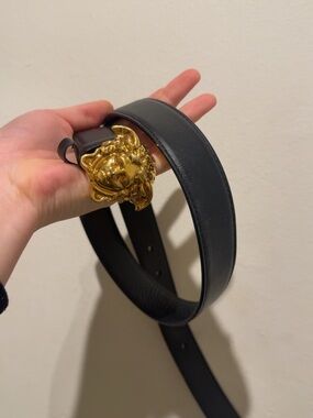 Black Leather Belt with Gold Lion Buckle